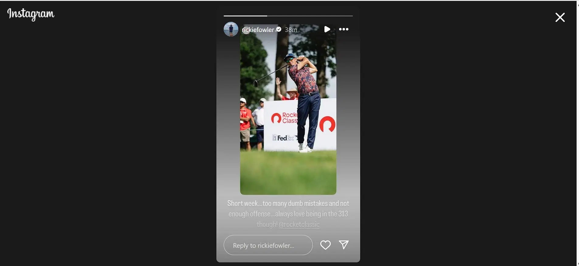 Rickie Fowler reacts to him missing the cut at the 2025 Rocket Mortgage Classic (Image Via: IG @rickiefowler)